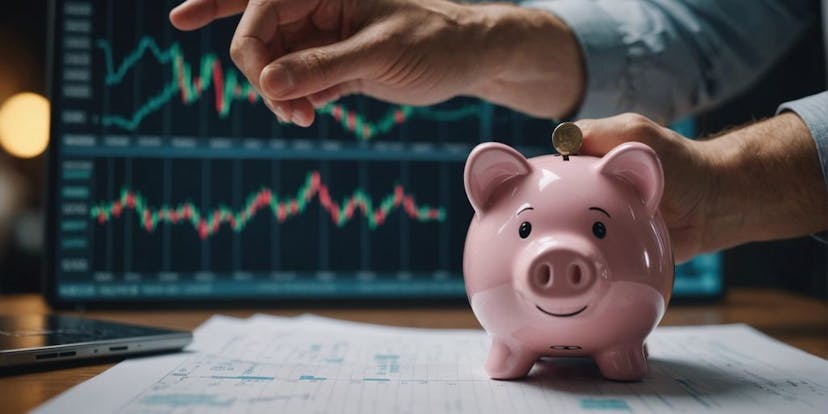 Person holding a piggy bank with financial charts in the background, representing personal finance and financial success.